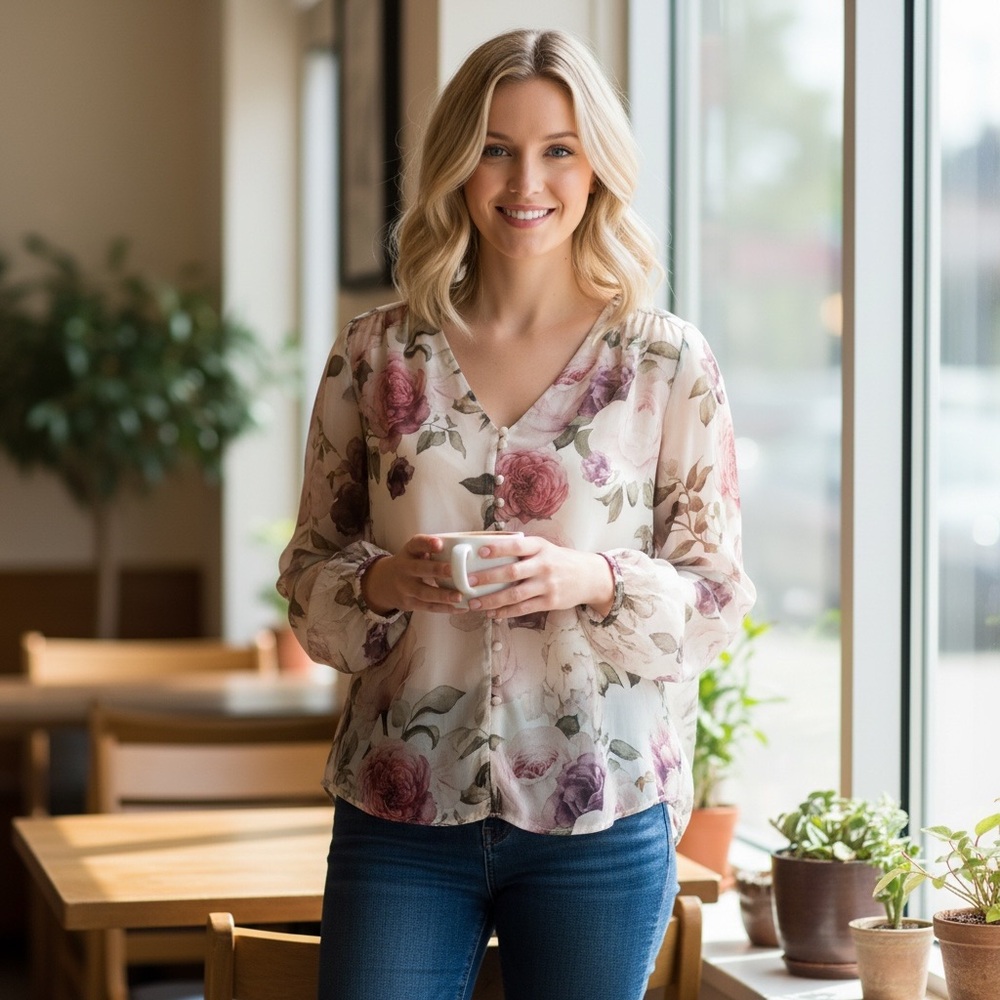NWT Lavender Brown Women’s Floral V-Neck Silk Blend Blouse Feminine Elegant